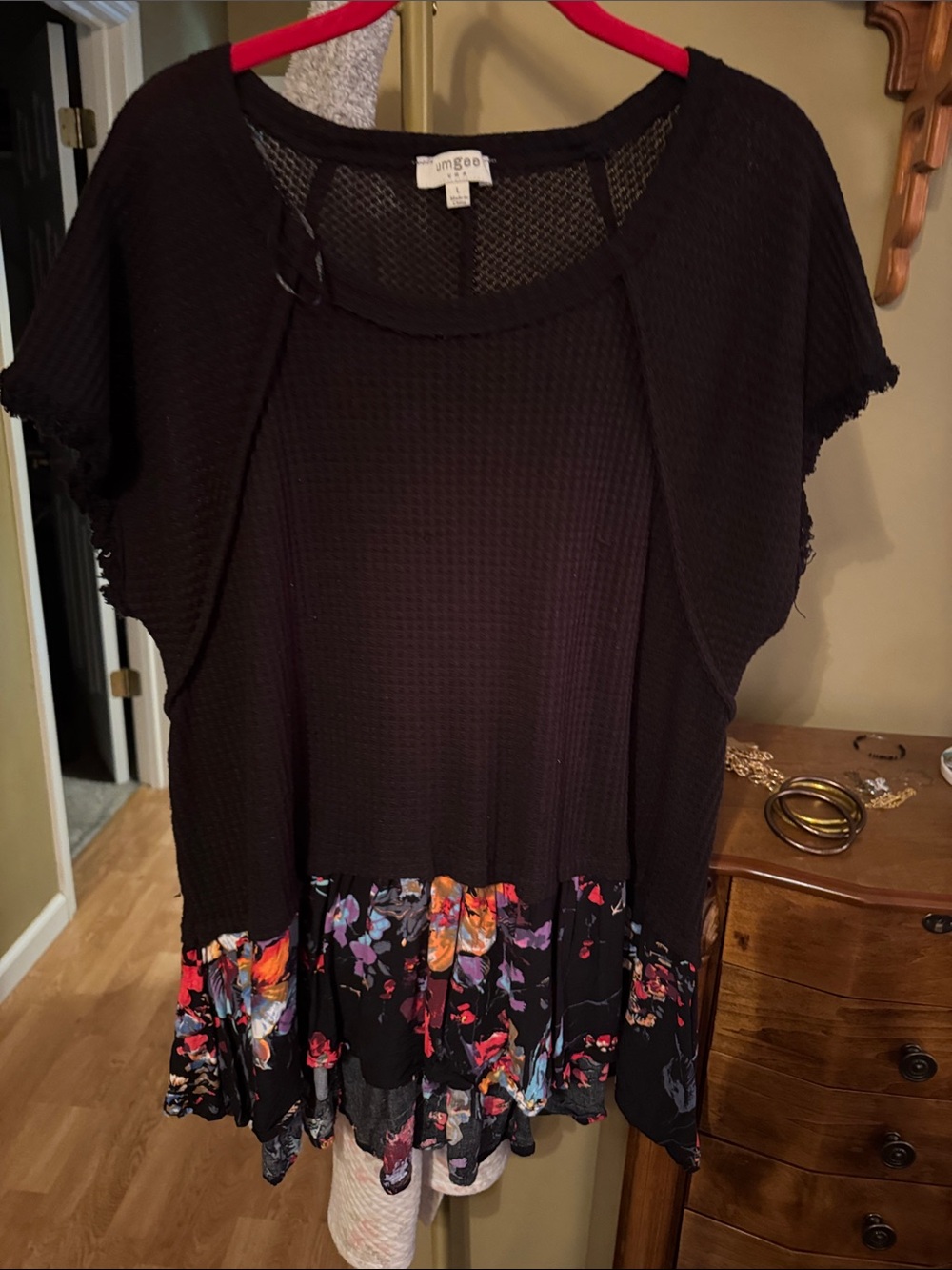 Umgee Black Waffle Knit Top with Multicolor Floral Ruffle Hem